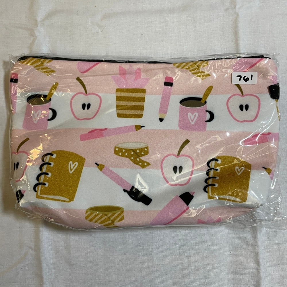 The Pouch Cosmetic Bag Womens Small Pink NWT Stationery Print Zipper Pouch 8x5